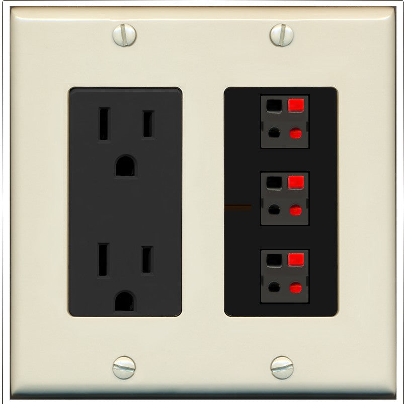 RiteAV 3 Port Speaker Wire Plug Jack Wall Plate - Outlet [Light-Almond/Black]