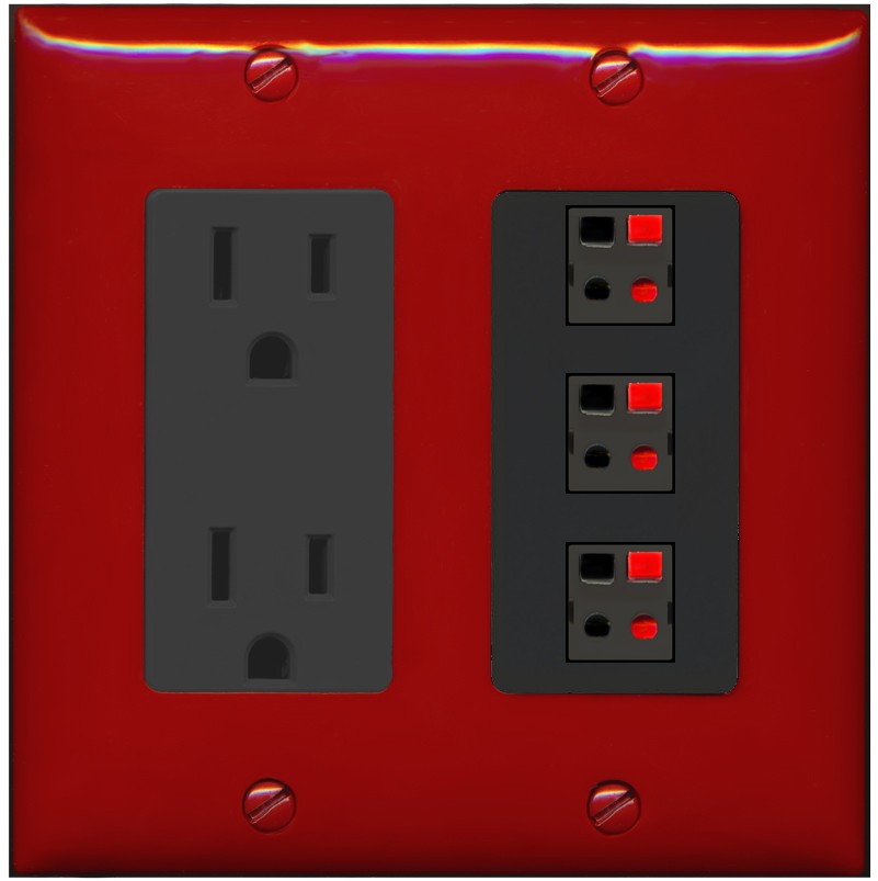 RiteAV 3 Port Speaker Wire Plug Jack Wall Plate - Outlet [Red/Black]