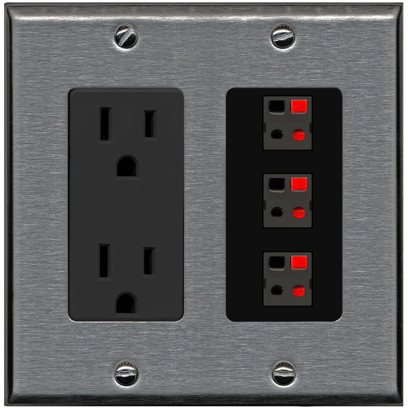RiteAV 3 Port Speaker Wire Plug Jack Wall Plate - Outlet [Stainless/Black]