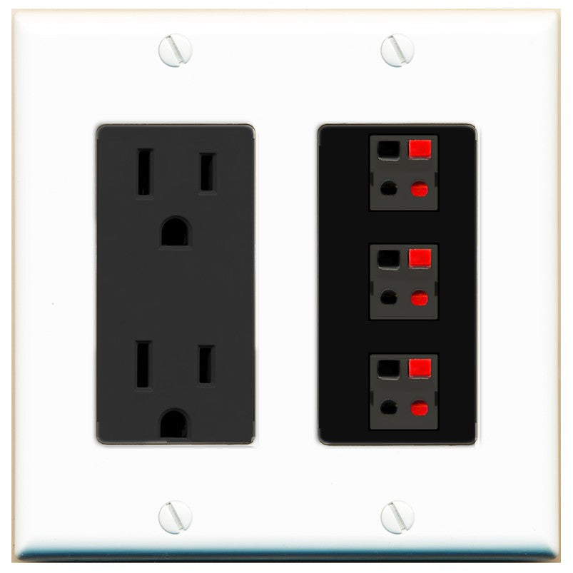 RiteAV 3 Port Speaker Wire Plug Jack Wall Plate - Outlet [White/Black]