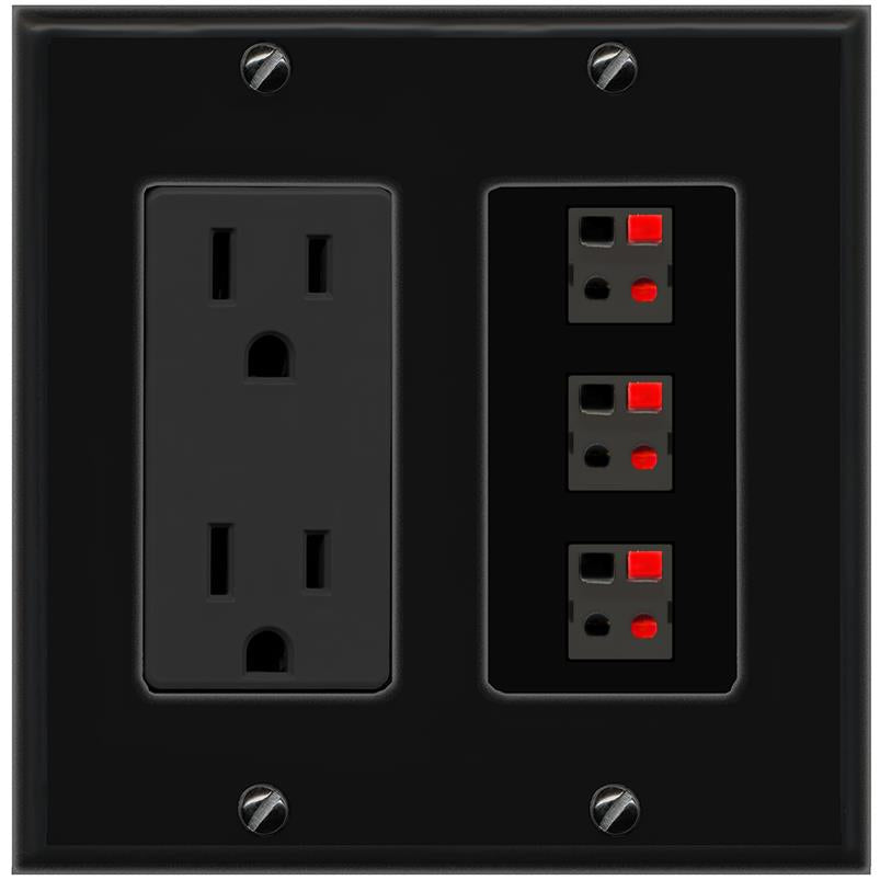 RiteAV 3 Port Speaker Wire Plug Jack Wall Plate - Outlet [Black/Black]