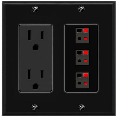 RiteAV 3 Port Speaker Wire Plug Jack Wall Plate - Outlet [Black/Black]