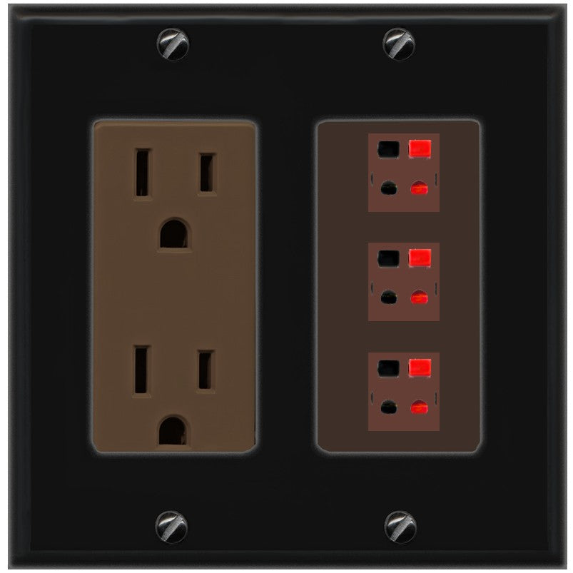 RiteAV 3 Port Speaker Wire Plug Jack Wall Plate - Outlet [Black/Brown]