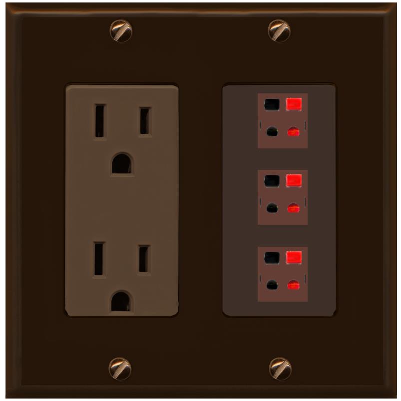 RiteAV 3 Port Speaker Wire Plug Jack Wall Plate - Outlet [Brown/Brown]