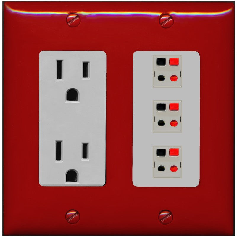 RiteAV 3 Port Speaker Wire Plug Jack Wall Plate - Outlet [Red/Gray]