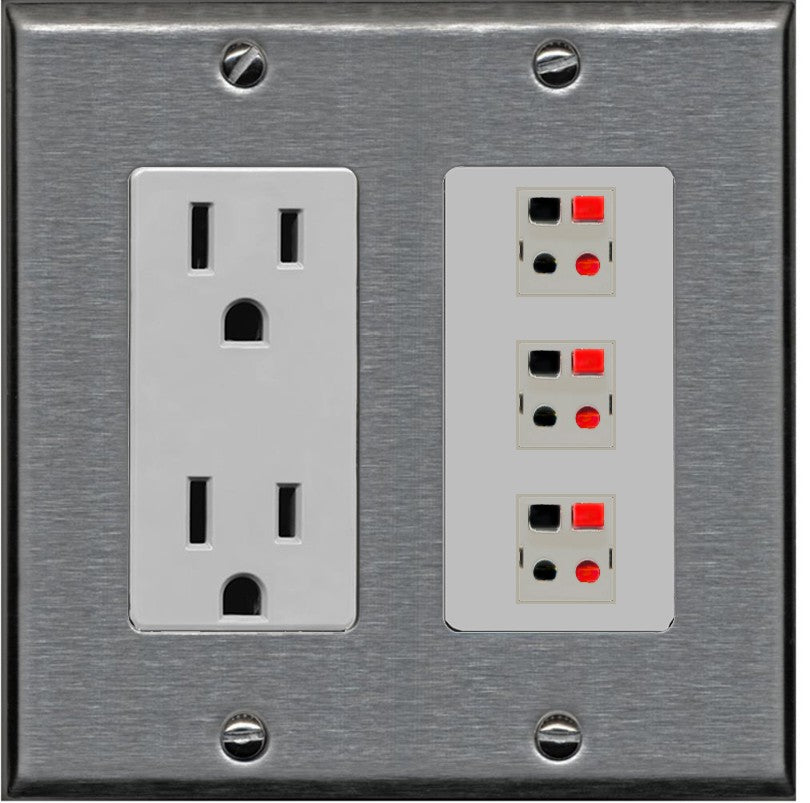 RiteAV 3 Port Speaker Wire Plug Jack Wall Plate - Outlet [Stainless/Gray]