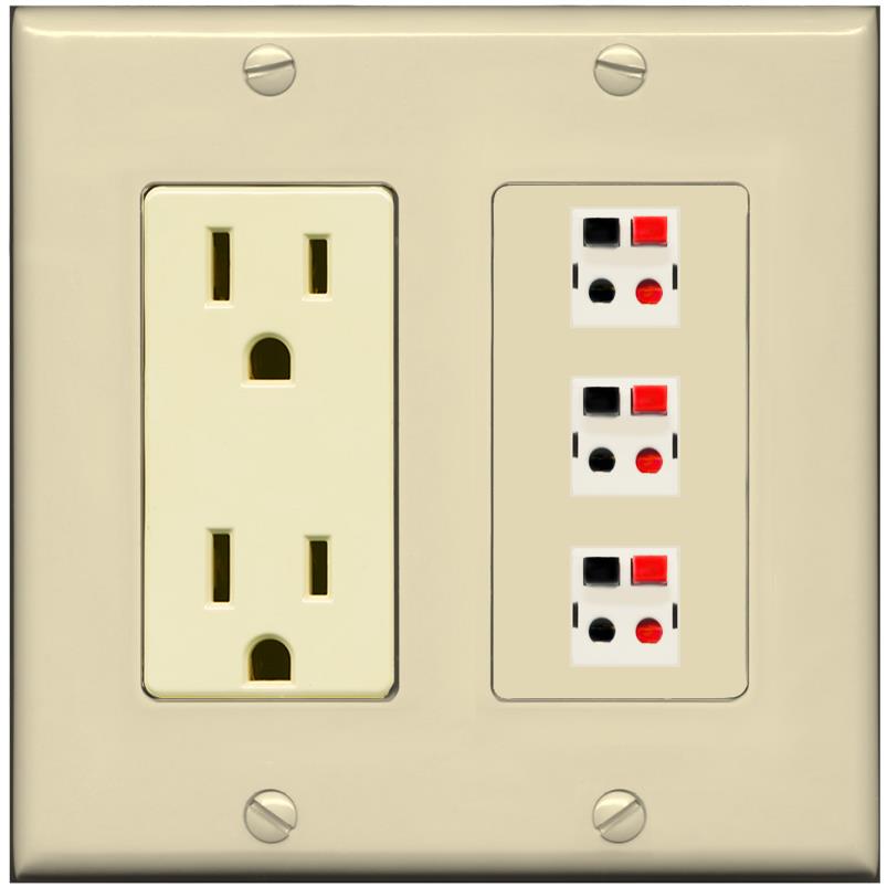 RiteAV 3 Port Speaker Wire Plug Jack Wall Plate - Outlet [Ivory/Ivory]