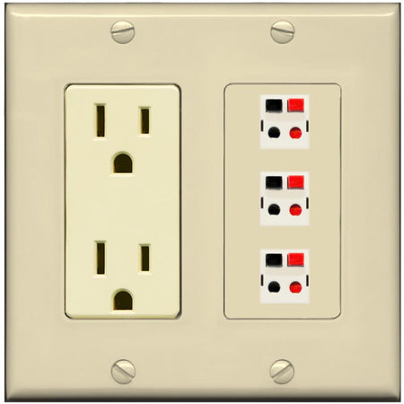 RiteAV 3 Port Speaker Wire Plug Jack Wall Plate - Outlet [Ivory/Ivory]