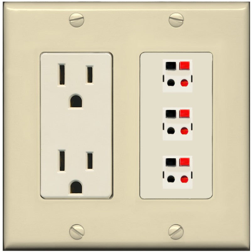 RiteAV 3 Port Speaker Wire Plug Jack Wall Plate - Outlet [Ivory/Light-Almond]