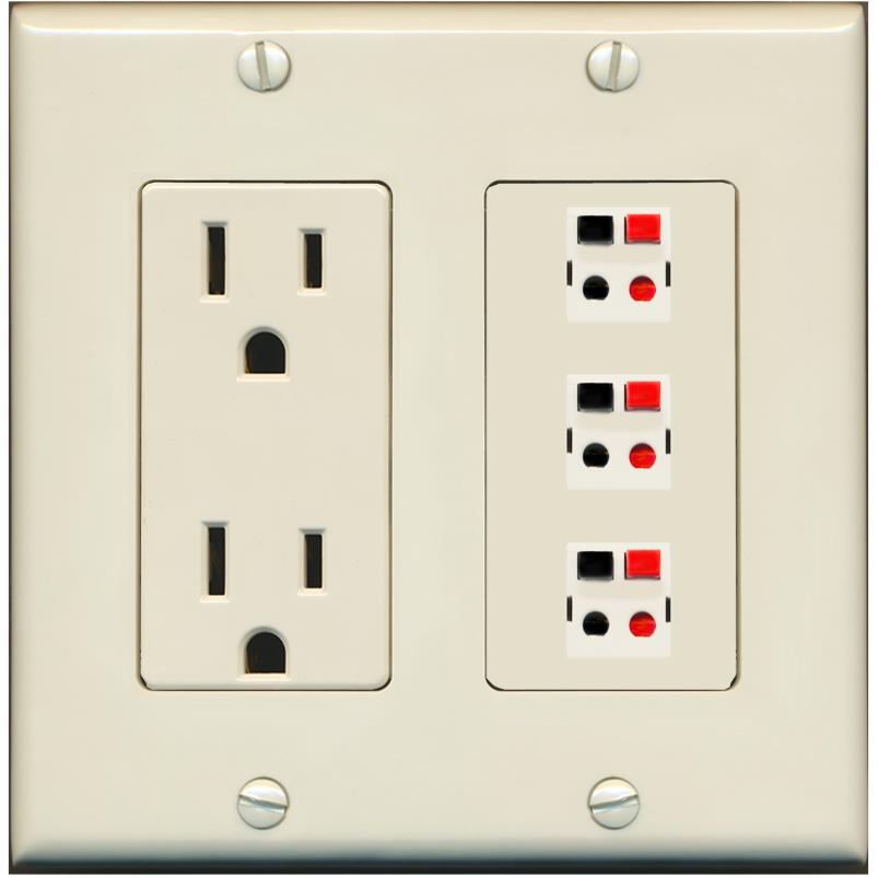RiteAV 3 Port Speaker Wire Plug Jack Wall Plate - Outlet [Light-Almond]