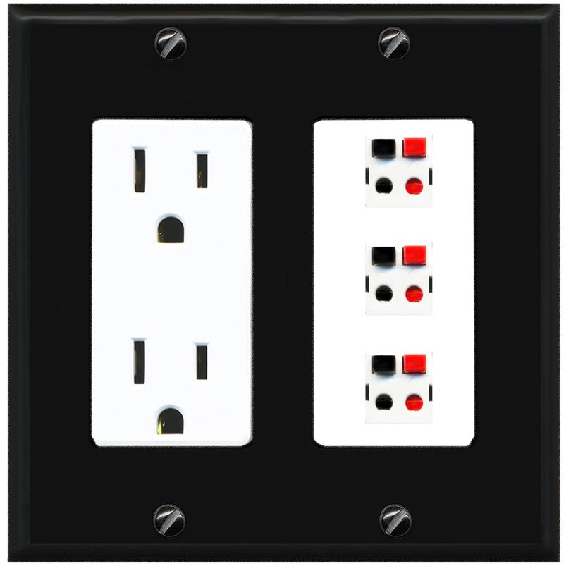 RiteAV 3 Port Speaker Wire Plug Jack Wall Plate - Outlet [Black/White]