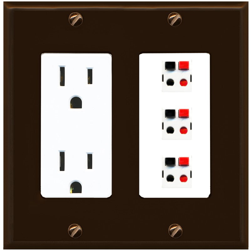 RiteAV 3 Port Speaker Wire Plug Jack Wall Plate - Outlet [Brown/White]
