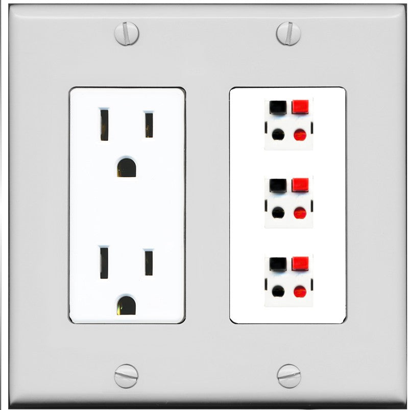 RiteAV 3 Port Speaker Wire Plug Jack Wall Plate - Outlet [Gray/White]