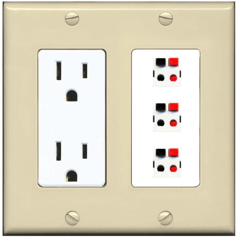 RiteAV 3 Port Speaker Wire Plug Jack Wall Plate - Outlet [Ivory/White]