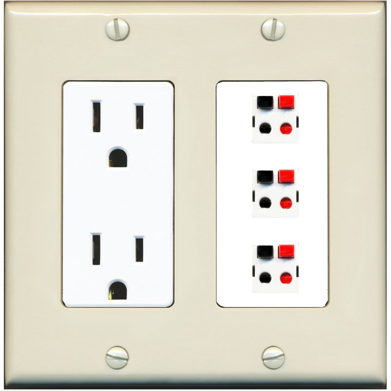 RiteAV 3 Port Speaker Wire Plug Jack Wall Plate - Outlet [Light-Almond/White]