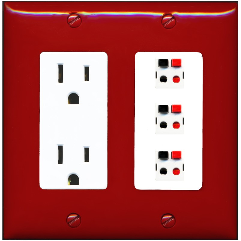 RiteAV 3 Port Speaker Wire Plug Jack Wall Plate - Outlet [Red/White]