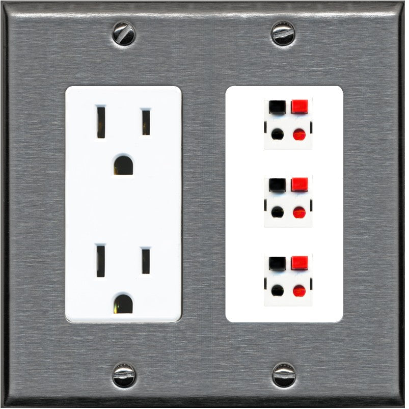 RiteAV 3 Port Speaker Wire Plug Jack Wall Plate - Outlet [Stainless/White]