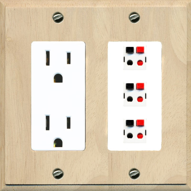 RiteAV 3 Port Speaker Wire Plug Jack Wall Plate - Outlet [Wood/White]