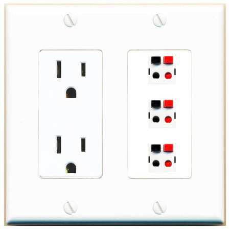 RiteAV 3 Port Speaker Wire Plug Jack Wall Plate - Outlet [White]