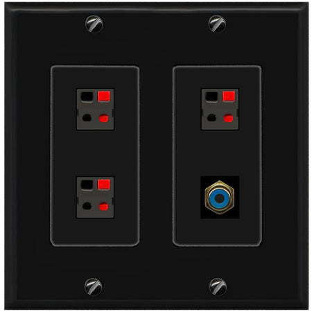 RiteAV 3 Port Speaker Wire Plug Jack Wall Plate with RCA for Subwoofer - 2 Gang [Black/Black]