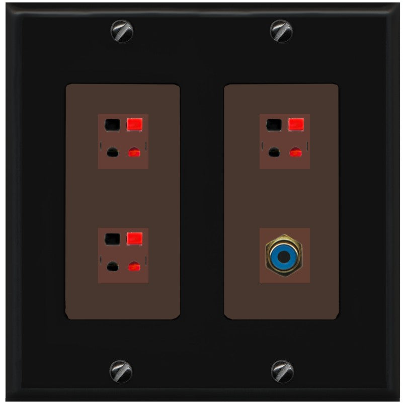 RiteAV 3 Port Speaker Wire Plug Jack Wall Plate with 1 RCA for Subwoofer - 2 Gang [Black/Brown]