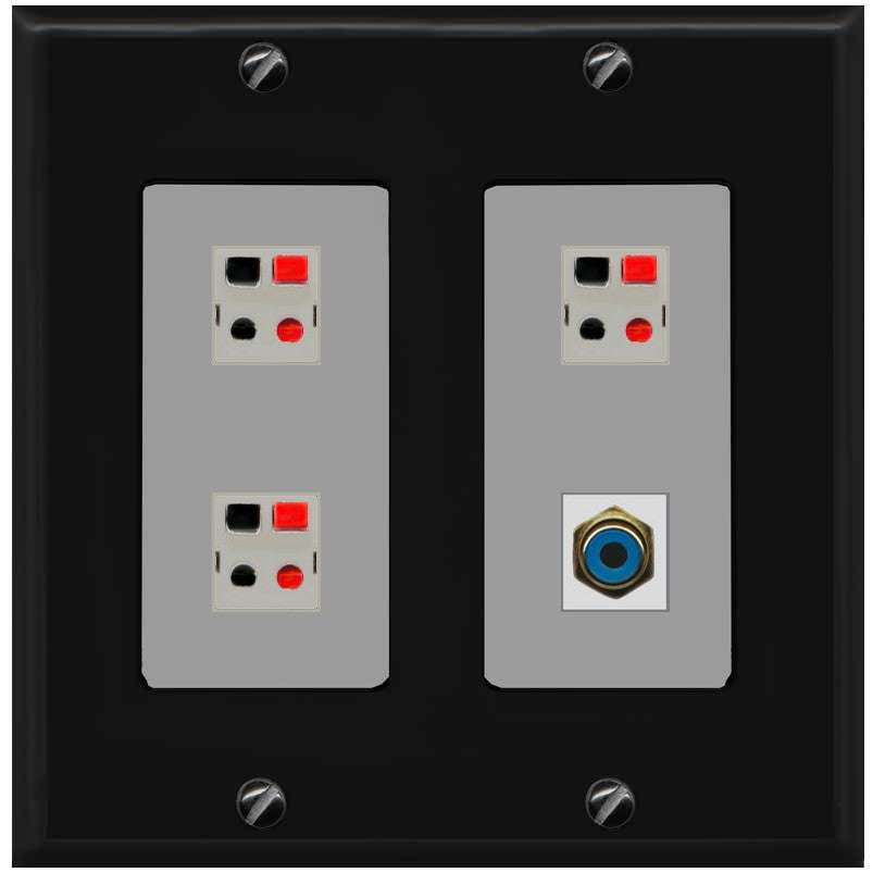 RiteAV 3 Port Speaker Wire Plug Jack Wall Plate with 1 RCA for Subwoofer - 2 Gang [Black/Gray]