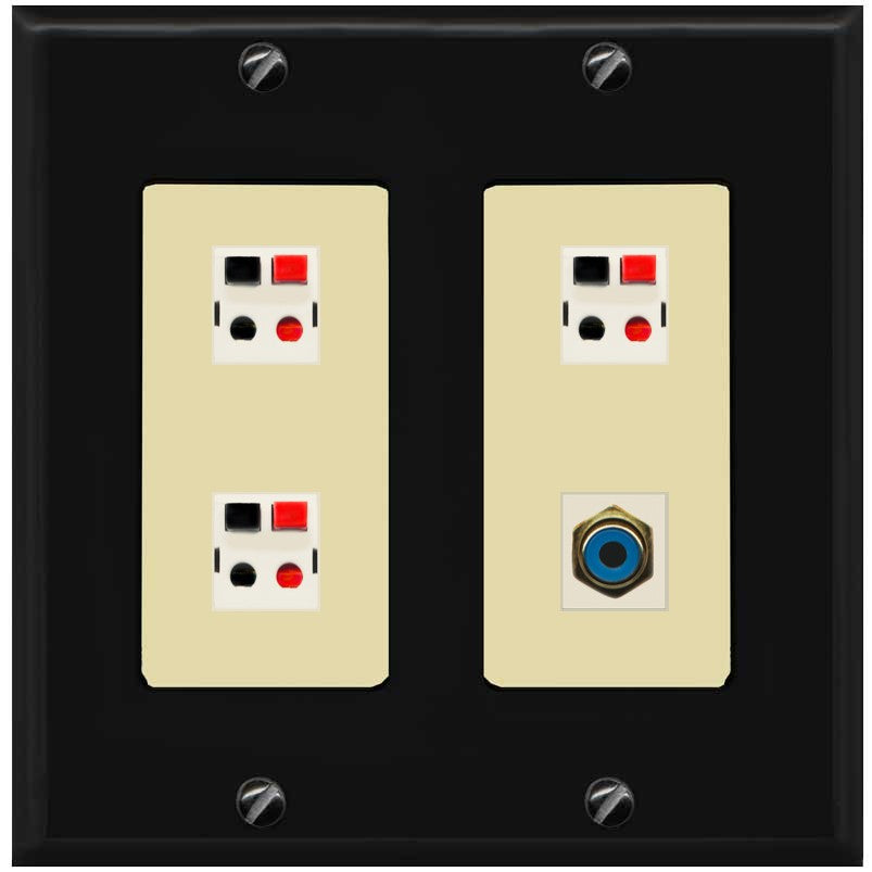 RiteAV 3 Port Speaker Wire Plug Jack Wall Plate with 1 RCA for Subwoofer - 2 Gang [Black/Ivory]