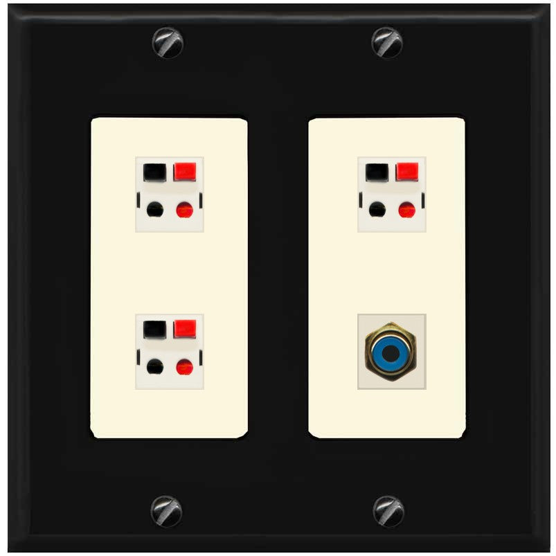 RiteAV 3 Port Speaker Wire Plug Jack Wall Plate with 1 RCA for Subwoofer - 2 Gang [Black/Light-Almond]