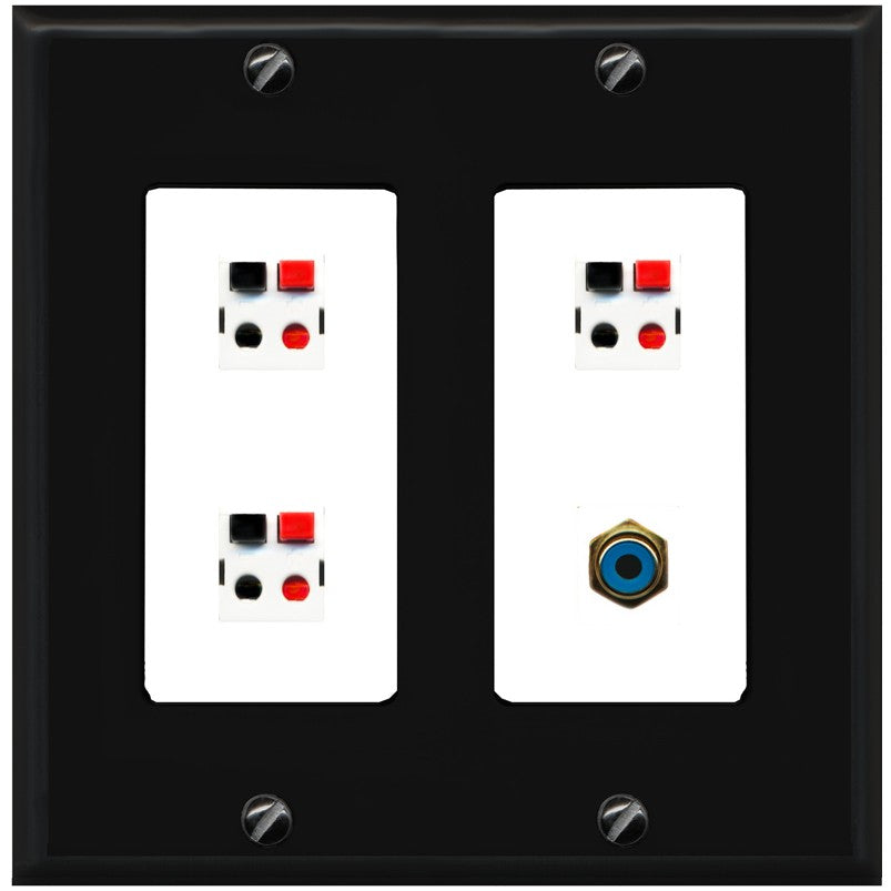 RiteAV 3 Port Speaker Wire Plug Jack Wall Plate with 1 RCA for Subwoofer - 2 Gang [Black/White]
