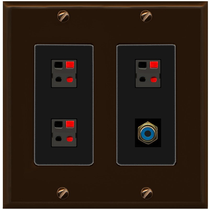 RiteAV 3 Port Speaker Wire Plug Jack Wall Plate with 1 RCA for Subwoofer - 2 Gang [Brown/Black]