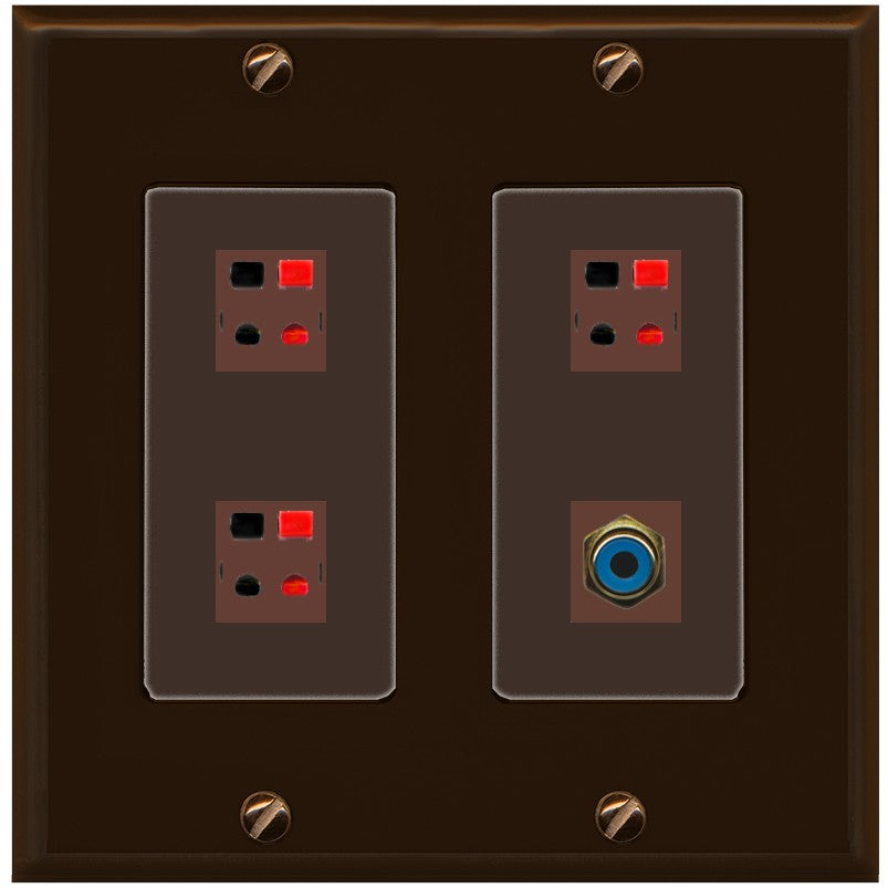 RiteAV 3 Port Speaker Wire Plug Jack Wall Plate with 1 RCA for Subwoofer - 2 Gang [Brown/Brown]