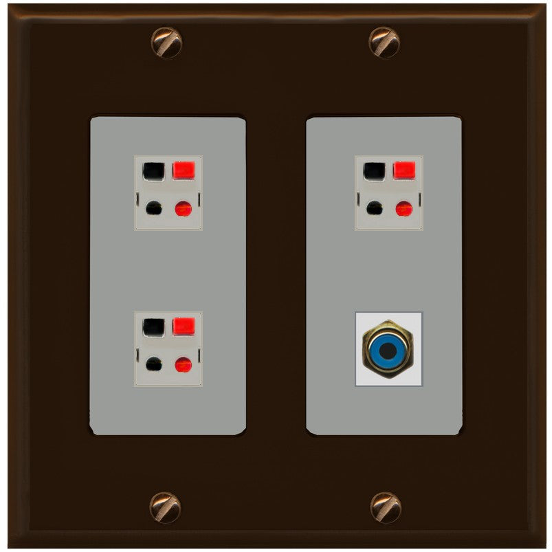 RiteAV 3 Port Speaker Wire Plug Jack Wall Plate with 1 RCA for Subwoofer - 2 Gang [Brown/Gray]