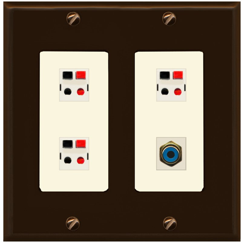 RiteAV 3 Port Speaker Wire Plug Jack Wall Plate with 1 RCA for Subwoofer - 2 Gang [Brown/Light-Almond]