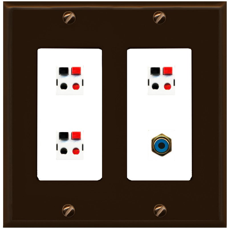 RiteAV 3 Port Speaker Wire Plug Jack Wall Plate with 1 RCA for Subwoofer - 2 Gang [Brown/White]