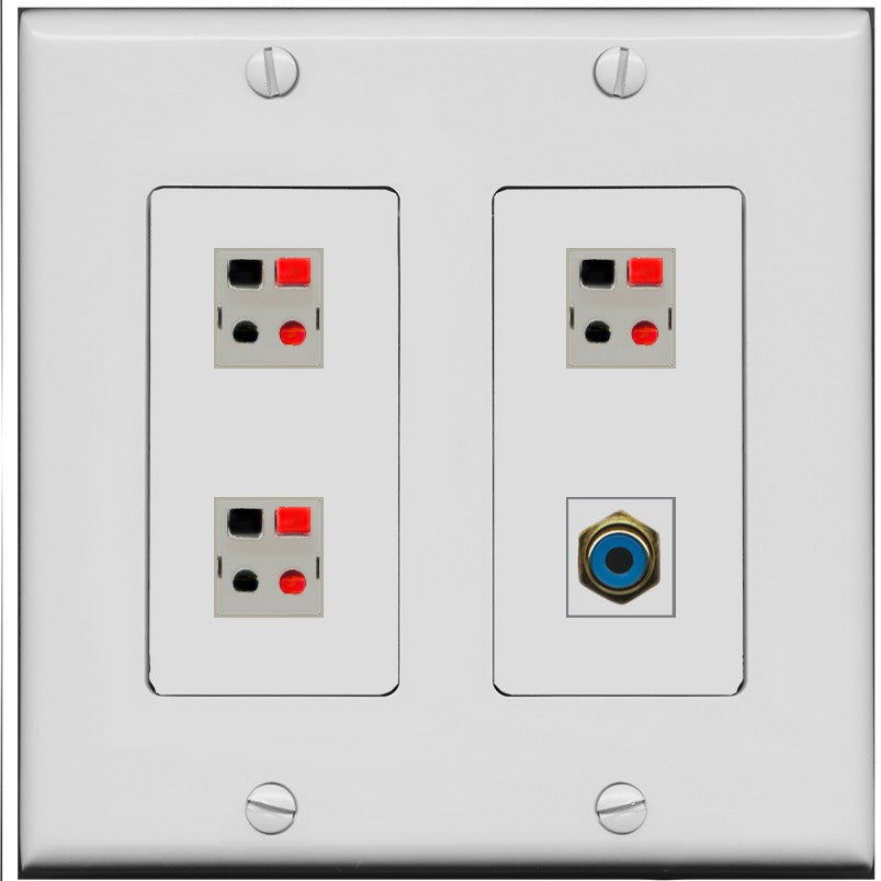 RiteAV 3 Port Speaker Wire Plug Jack Wall Plate with 1 RCA for Subwoofer - 2 Gang [Gray/Gray]