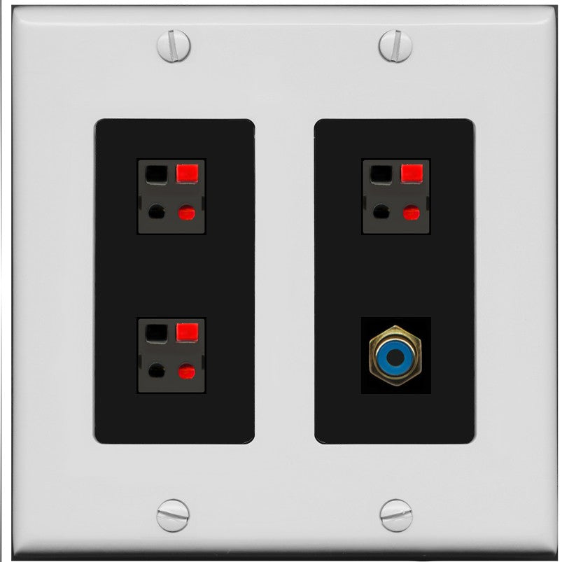 RiteAV 3 Port Speaker Wire Plug Jack Wall Plate with 1 RCA for Subwoofer - 2 Gang [Gray/Black]