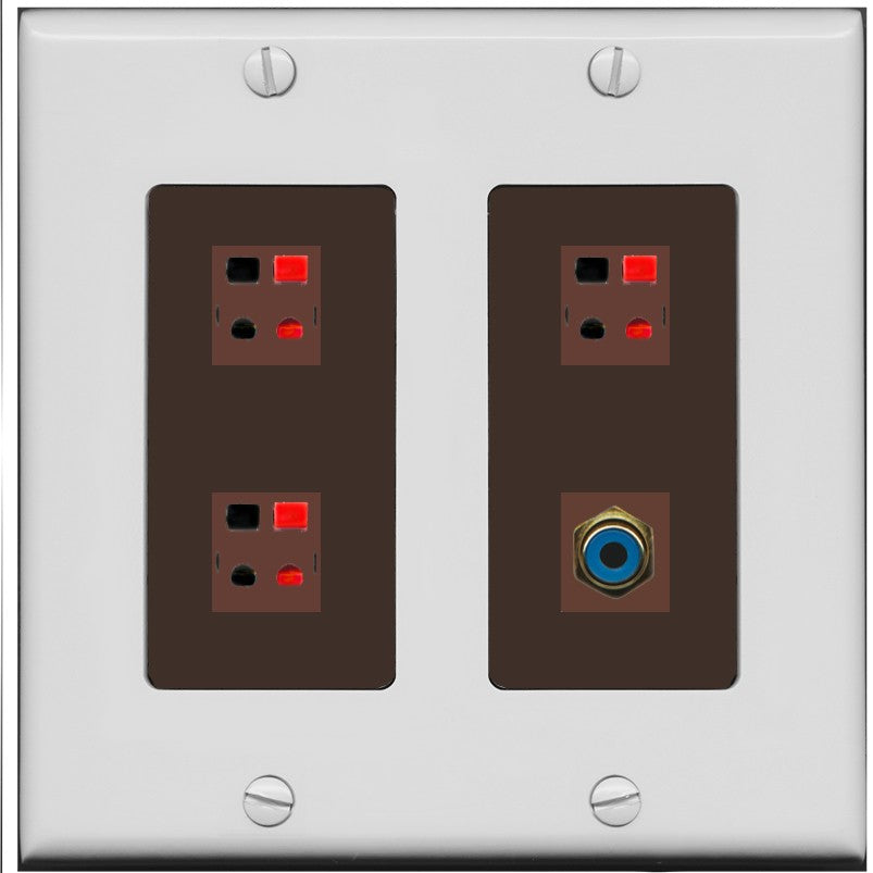 RiteAV 3 Port Speaker Wire Plug Jack Wall Plate with 1 RCA for Subwoofer - 2 Gang [Gray/Brown]
