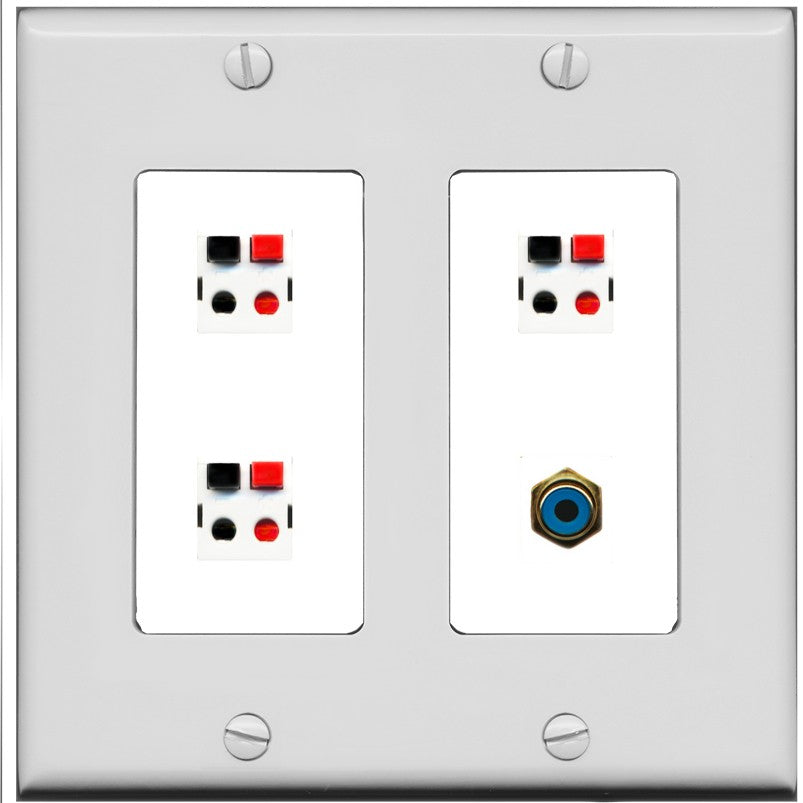 RiteAV 3 Port Speaker Wire Plug Jack Wall Plate with 1 RCA for Subwoofer - 2 Gang [Gray/White]