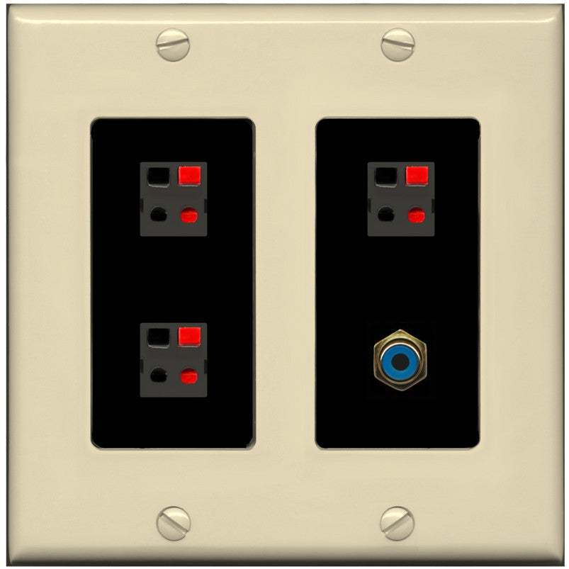 RiteAV 3 Port Speaker Wire Plug Jack Wall Plate with 1 RCA for Subwoofer - 2 Gang [Ivory/Black]