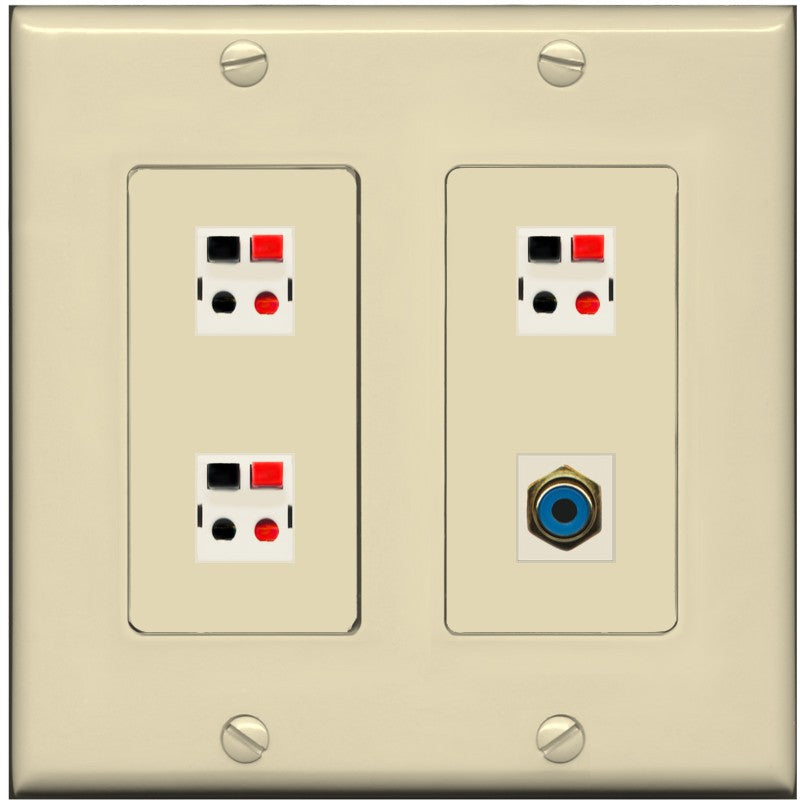 RiteAV 3 Port Speaker Wire Plug Jack Wall Plate with 1 RCA for Subwoofer - 2 Gang [Ivory/Ivory]