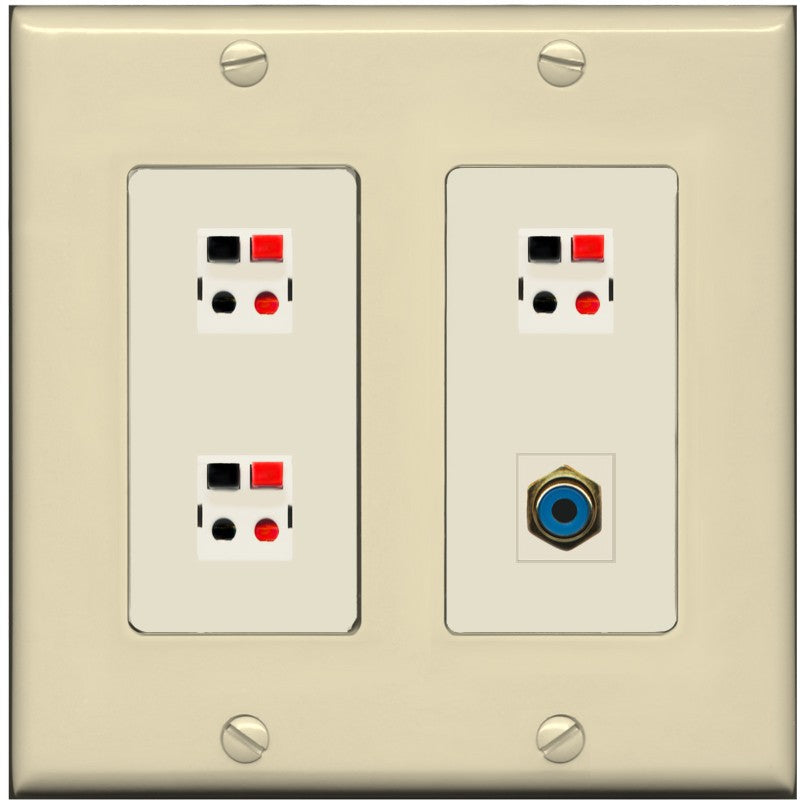 RiteAV 3 Port Speaker Wire Plug Jack Wall Plate with 1 RCA for Subwoofer - 2 Gang [Ivory/Light-Almond]