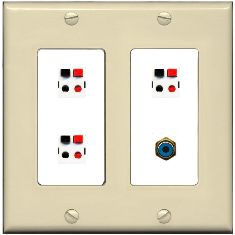 RiteAV 3 Port Speaker Wire Plug Jack Wall Plate with 1 RCA for Subwoofer - 2 Gang [Ivory/White]