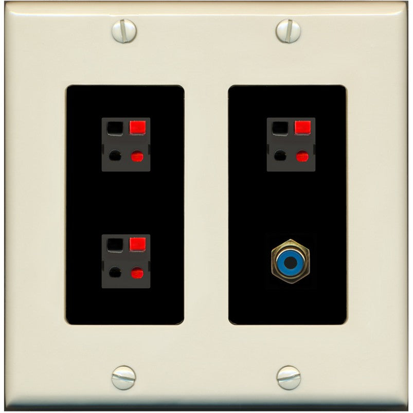 RiteAV 3 Port Speaker Wire Plug Jack Wall Plate with 1 RCA for Subwoofer - 2 Gang [Light-Almond/Black]