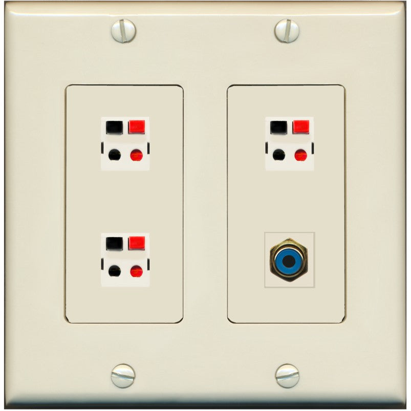 RiteAV 3 Port Speaker Wire Plug Jack Wall Plate with 1 RCA for Subwoofer - 2 Gang [Light-Almond]