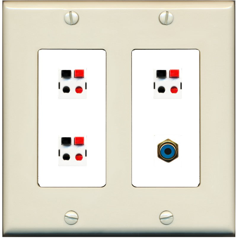 RiteAV 3 Port Speaker Wire Plug Jack Wall Plate with 1 RCA for Subwoofer - 2 Gang [Light-Almond/White]