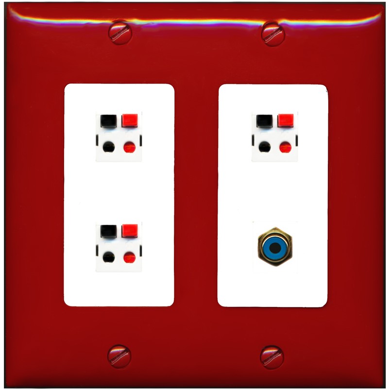 RiteAV 3 Port Speaker Wire Plug Jack Wall Plate with 1 RCA for Subwoofer - 2 Gang [Red/White]