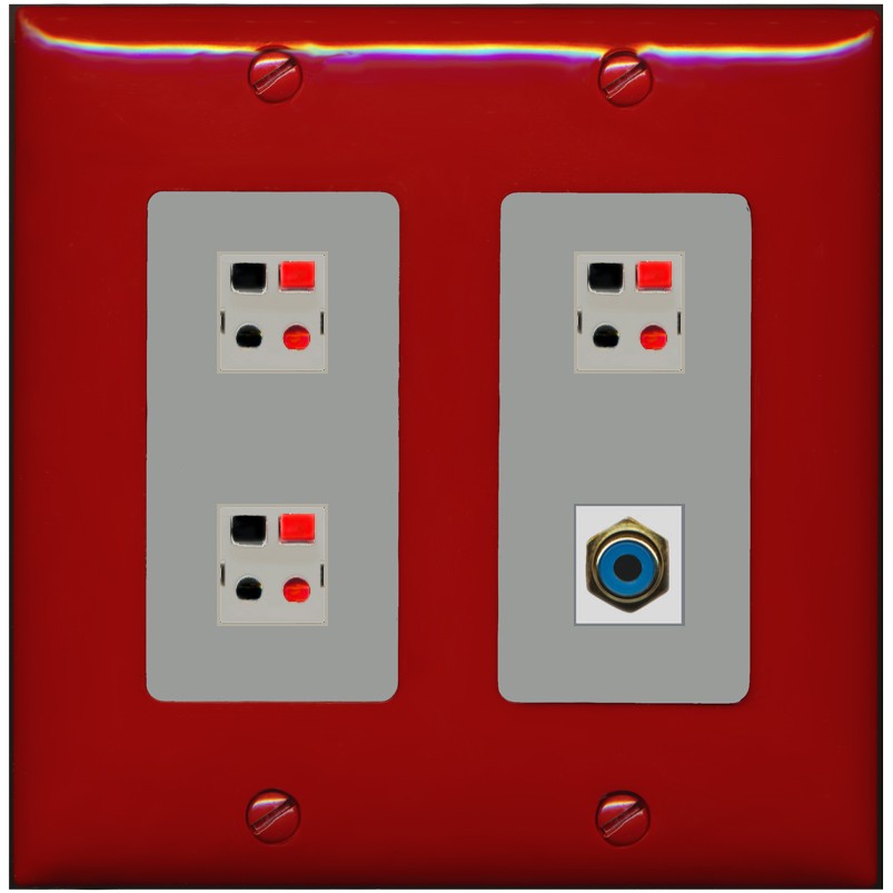 RiteAV 3 Port Speaker Wire Plug Jack Wall Plate with 1 RCA for Subwoofer - 2 Gang [Red/Gray]