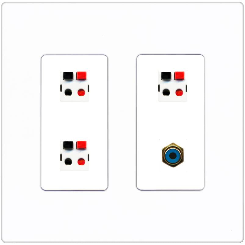 RiteAV 3 Port Speaker Wire Plug Jack Wall Plate with RCA for Subwoofer - 2 Gang [Screwless White]