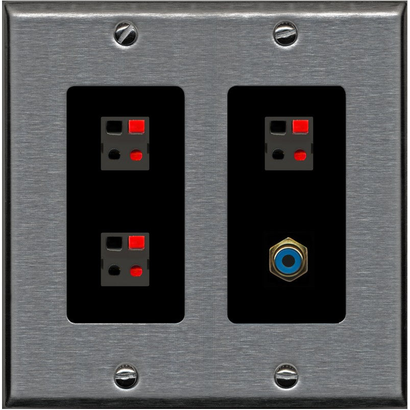 RiteAV 3 Port Speaker Wire Plug Jack Wall Plate with 1 RCA for Subwoofer - 2 Gang [Stainless/Black]