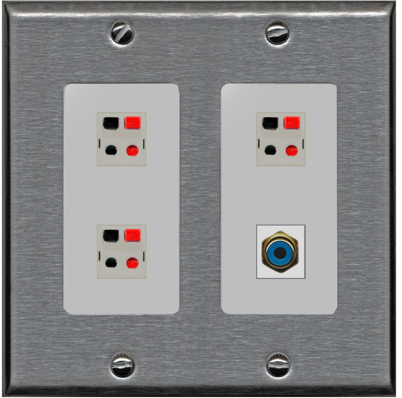 RiteAV 3 Port Speaker Wire Plug Jack Wall Plate with 1 RCA for Subwoofer - 2 Gang [Stainless/Gray]